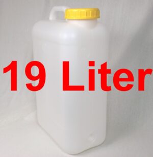 Transparenter 19-Liter-Wassertank mit gelbem Schraubverschluss, ideal für mobile Wasserversorgung beim Camping, im Bulli oder für Marktstände. Perfekt geeignet für Frischwasser und Grauwasser.