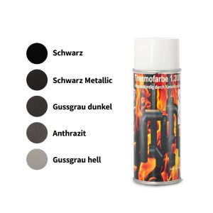 Thermofarbe in verschiedenen Farben für hitzebeständige Anwendungen, ideal für Campingbedarf und mobile Wasserversorgung. Verfügbar in Schwarz, Schwarz Metallic, Gussgrau dunkel, Anthrazit und Gussgrau hell. Perfekt für den Einsatz an Heizsteben und anderen Oberflächen im Freien.