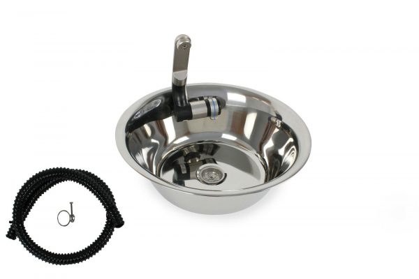 Edelstahl-Waschbecken mit Wasserhahn und flexibler Schlauchverbindung für mobile Wasserversorgung beim Camping oder im Transporter. Ideal für den Einbau in Bullis oder Marktständen, bietet eine praktische Lösung für fließendes Wasser.