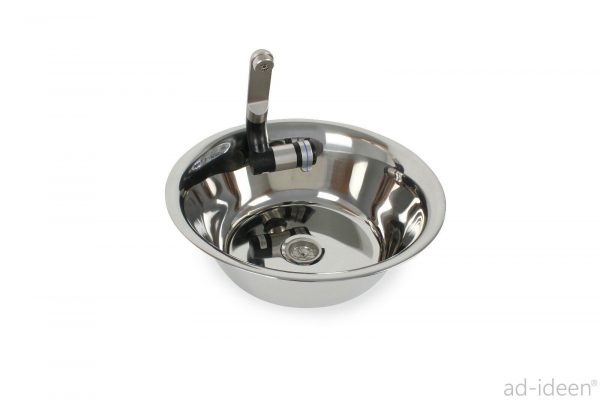 Edelstahl-Waschbecken mit integriertem Wasserhahn für mobile Wasserversorgung, ideal für Camping, Bulli-Ausbau und Marktstände. Perfekt für Frisch- und Abwasseranwendungen, auch mit Warmwasseroption erhältlich.