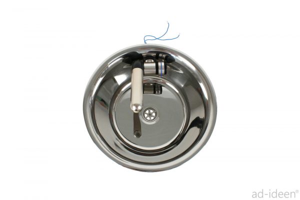 Edelstahl-Waschbecken für mobile Wasserversorgung, ideal für Camping, Bulli- und Transporter-Ausbau. Ausgestattet mit einem praktischen Wasserhahn, geeignet für Frischwasser- und Grauwasserkanister. Perfekt für Marktstände und andere Anwendungen, wo fließendes Wasser benötigt wird.
