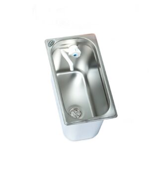 Mobiles Waschbecken aus Edelstahl für Camping und Transporter mit Wasseranschluss, ideal für die mobile Wasserversorgung. Perfekt für den Ausbau von Bullis oder Marktständen, geeignet für Frisch- und Grauwasseranwendungen.