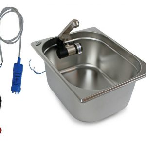 Edelstahl-Waschbecken-Set für mobile Wasserversorgung, inklusive Wasserpumpe, Schläuchen und Befestigungsmaterial, ideal für Camping, Bulli-Umbauten und Marktstände. Perfekt für Frisch- und Grauwasseranwendungen mit Optionen für Warmwasser.