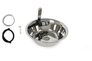 Edelstahl-Waschbecken mit Wasserhahn und Zubehör für mobile Wasserversorgung, ideal für Camping, Bulli- und Transporter-Ausbau, sowie Marktstände. Perfekt für Frisch- und Grauwasserlösungen mit optionalen Warmwasser-Heizsteben.