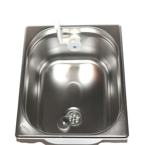 Edelstahl-Waschbecken für mobile Wasserversorgung, ideal für Camping und Transporter-Ausbau. Ausgestattet mit Wasserhahn und Ablauf, perfekt für Frisch- und Grauwasserkanister.