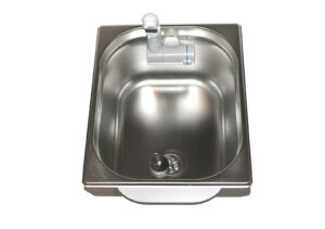 Edelstahl-Waschbecken mit Wasserhahn für mobile Wasserversorgung, ideal für Camping, Bulli-Ausbau und Marktstände. Perfekt für Frisch- und Abwasserlösungen, auch mit Warmwasseroptionen erhältlich.