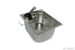 Edelstahl-Waschbecken mit Wasserhahn, ideal für mobile Wasserversorgung im Campingbereich, Transporter- und Bulliausbau, sowie Marktstände und andere Anwendungen. Kompakt und funktional für Frisch- und Abwasserlösungen.