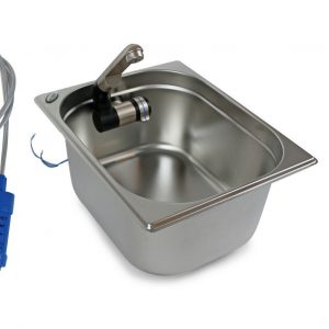 Edelstahl-Waschbecken mit Wasserpumpe, ideal für mobile Wasserversorgung beim Camping oder im Transporter. Perfekt für den Ausbau von Bullis oder Marktständen, inklusive Anschlussmöglichkeiten für Warmwasser.