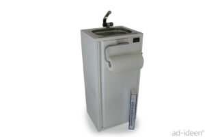 Mobiles Waschbecken für Camping und Outdoor, ausgestattet mit Wasserhahn und Platz für Küchenrollen, ideal für Transporter und Marktstände, inklusive Warmwasserheizer für zusätzliche Komfort.
