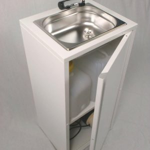 Mobiles Waschbecken für den Campingbedarf mit integriertem Stauraum für Frischwasser- und Grauwassertanks, ideal für den Ausbau von Bullis und Transportern. Perfekt für Marktstände und andere Anwendungen, die fließendes Wasser erfordern.