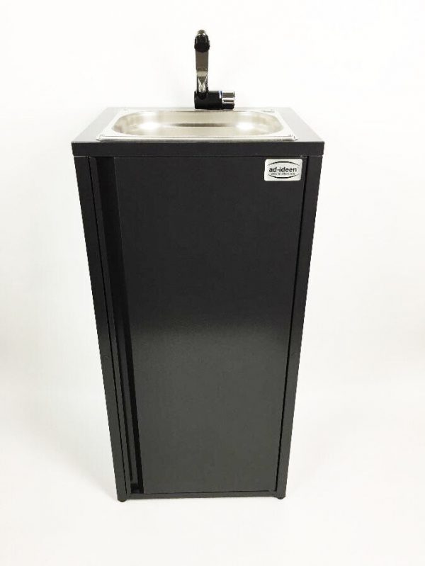 Mobiler Waschplatz mit Edelstahlbecken und Wasserhahn, ideal für Campingbedarf und mobile Wasserversorgung, geeignet für Bulli- und Transporter-Ausbau, sowie Marktstände und andere Einsatzmöglichkeiten.