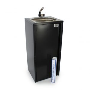 Mobiles Waschbecken mit integriertem Wasserhahn und Platz für Warmwasserheizer, ideal für Campingbedarf und mobile Wasserversorgung im Bulli oder Transporter. Perfekt für Marktstände und andere Anwendungen, die fließendes Wasser benötigen.