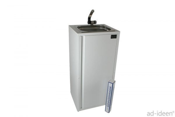 Mobiles Waschbecken mit Wasserhahn für Camping und Marktstände, ideal für die mobile Wasserversorgung. Kompakt und funktional, inklusive Anschlussmöglichkeiten für Frisch- und Grauwasserkanister, geeignet für den Einsatz mit Warmwasserheizungen. Perfekt für den Ausbau von Bullis oder Transportern.