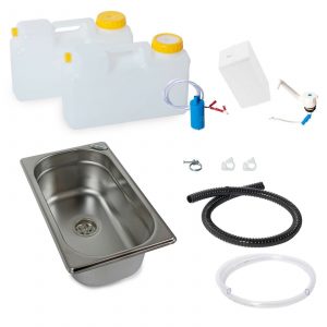 Mobile Wasserversorgungslösungen für Campingbedarf: Edelstahlwaschbecken, Frischwasser- und Grauwasserkanister, Pumpen, Schläuche und Zubehör für den Ausbau von Bullis und Transportern. Ideal für Marktstände und mobile Anwendungen, teilweise mit Warmwasserheizung.