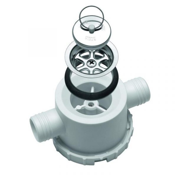 Abflussventil für mobile Wasserversorgung, geeignet für Camping und Transporter. Das Bild zeigt das Ventil mit abnehmbarem Deckel und Gummiring, ideal für den Einbau in Waschbecken und Wasserkanister. Perfekt für flexible Lösungen bei Marktständen oder anderen Anwendungen, wo fließendes Wasser benötigt wird.
