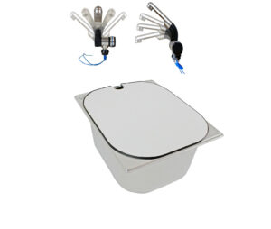 Mobile Wasserversorgungslösung mit Waschbecken und verschiedenen Wasserhähnen, ideal für Campingbedarf und den Ausbau von Bullis oder Transportern. Perfekt für Marktstände und andere Anwendungen, die fließendes Wasser benötigen.