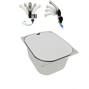 Mobile Wasserversorgungslösung mit Waschbecken und verschiedenen Wasserhähnen, ideal für Campingbedarf und den Ausbau von Bullis oder Transportern. Perfekt für Marktstände und andere Anwendungen, die fließendes Wasser benötigen.