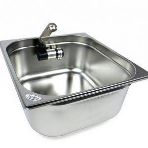 Edelstahl-Waschbecken mit integrierter Armatur von ad ideen, ideal für mobile Wasserversorgung im Campingbedarf, Bulli- und Transporterausbau sowie Marktstände. Perfekte Lösung für frisches Wasser und Hygiene unterwegs.