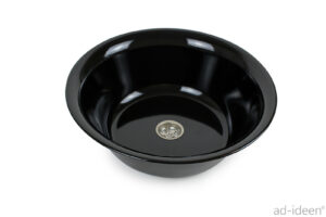 Schwarzes Waschbecken für mobile Wasserversorgung, ideal für Camping und Fahrzeugausbau. Robustes Design mit Abfluss für effiziente Nutzung. Perfekt für Frisch- und Grauwasserlösungen.