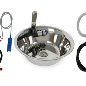 Edelstahl-Waschbecken mit Wasserpumpe, Schläuchen und Montagezubehör für mobile Wasserversorgung im Campingbereich, ideal für Bulli- und Transporter-Ausbau sowie Marktstände.