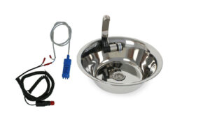 Edelstahl-Waschbecken mit Wasserhahn und Pumpe für mobile Wasserversorgung, ideal für Camping, Marktstände oder Transporterausbau. Perfekt für Frisch- und Grauwasseranwendungen.