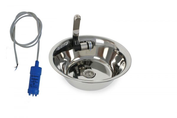 Edelstahl-Waschbecken mit integriertem Wasserhahn und Pumpe für mobile Wasserversorgung, ideal für Camping, Bulli-Umbauten und Marktstände. Perfekt für frisches Wasser und vielseitige Anwendungen im Freien.