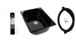 Schwarzes Waschbecken für mobile Wasserversorgung, inklusive SikaFlex 221 Dichtstoff, Verbindungsschlauch und Montageset. Ideal für Camping, Bulli-Ausbau und Marktstände, um fließendes Wasser bereitzustellen.