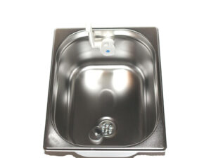 Edelstahl-Waschbecken für mobile Wasserversorgung, ideal für Camping und Transporter-Ausbau, ausgestattet mit Wasseranschluss und Abfluss, geeignet für Frisch- und Grauwasserkanister. Perfekt für Marktstände und Outdoor-Aktivitäten.