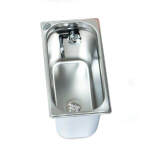 Edelstahl-Waschbecken für mobile Wasserversorgung, ideal für Campingbedarf, Bulli- und Transporterausbau. Ausgestattet mit Wasserhahn und Abfluss, geeignet für Frisch- und Grauwasserkanister. Perfekt für Marktstände und andere Anwendungen, die fließendes Wasser benötigen.