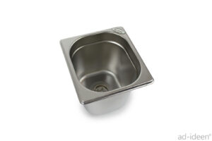 Edelstahl-Waschbecken für mobile Wasserversorgung, ideal für Campingbedarf, Bulli- und Transporterausbau. Robust und praktisch für frisches Wasser, ausgestattet für einfache Installation in verschiedenen Anwendungen wie Marktständen oder im Freizeitbereich.