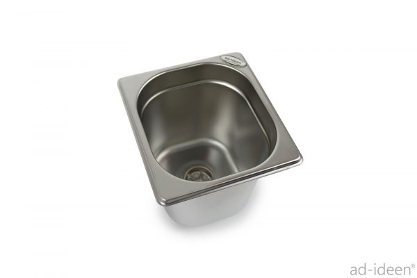 Edelstahl Waschbecken für mobile Wasserversorgung, ideal für Camping und Fahrzeugumbauten, bietet Platz für Frisch- und Abwasseranschlüsse. Perfekt für Marktstände und Outdoor-Anwendungen.