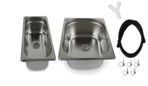 Edelstahl-Waschbecken-Set für mobile Wasserversorgung, geeignet für Camper und Marktstände, inklusive Verbindungsteile, Schlauch und Befestigungselemente. Ideal für die Installation in Bullis oder Transportern zur Schaffung von fließendem Wasser, auch in Kombination mit Warmwasserheizungen.