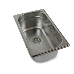 Edelstahl-Waschbecken für mobile Wasserversorgung, ideal für Campingbedarf und den Ausbau von Bullis oder Transportern. Robust und pflegeleicht, geeignet für frisches und graues Wasser. Perfekte Lösung für Marktstände und Outdoor-Aktivitäten.
