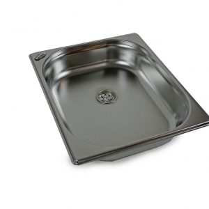 Edelstahl-Waschbecken für mobile Wasserversorgung, ideal für Camping, Bulli- und Transporter-Ausbau, ausgestattet für Frisch- und Grauwasser, perfekt für Marktstände und andere Anwendungen, bietet langlebige Qualität und praktische Nutzung.