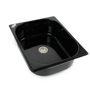 Schwarzes Waschbecken für mobile Wasserversorgung, ideal für Campingbedarf und den Ausbau von Bullis oder Transportern. Perfekt für die Installation in Marktständen oder anderen mobilen Anwendungen.