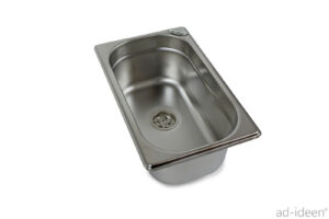 Edelstahl-Waschbecken für mobile Wasserversorgung, ideal für Campingbedarf und den Ausbau von Bullis oder Transportern. Robust und langlebig, geeignet für die Installation in Marktständen oder anderen Anwendungen mit fließendem Wasser.