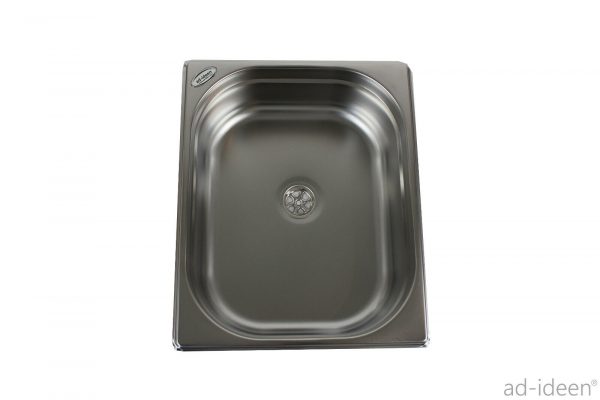 Edelstahl-Waschbecken für mobile Wasserversorgung im Campingbedarf, ideal für den Einbau in Bullis oder Transportern, geeignet für Frisch- und Grauwasseranwendungen.