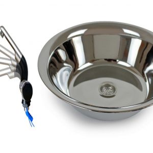 Edelstahl-Waschbecken mit flexibler Wasserpumpe und Wasseranschluss für mobile Wasserversorgung im Campingbereich. Ideal für Bulli- und Transporter-Ausbau sowie Marktstände. Perfekt für frisches Wasser und hygienische Anwendungen unterwegs.