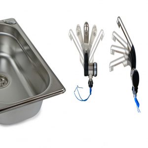 Edelstahl-Waschbecken mit Wasserhahn und Pumpe für mobile Wasserversorgung, ideal für Camping, Bulli-Ausbau und Marktstände. Perfekt für Frisch- und Grauwasseranwendungen, inklusive Anschlussmöglichkeiten für Warmwasser.