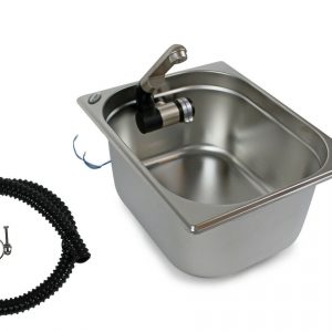 Edelstahl Waschbecken mit Wasserhahn und flexibler Schlauchverbindung, ideal für den mobilen Einsatz beim Camping oder für Marktstände, bietet praktische Lösungen für die mobile Wasserversorgung.