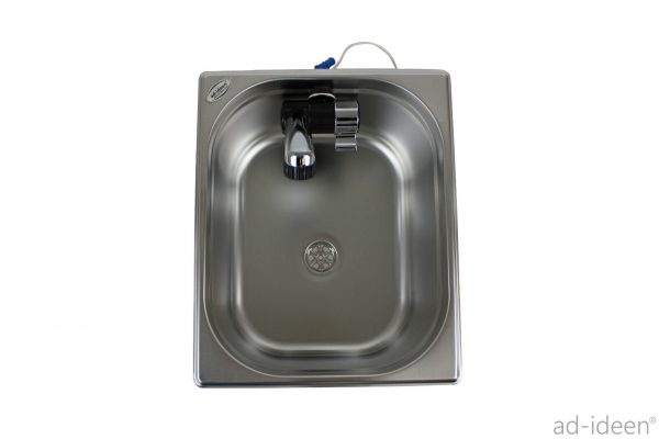 Edelstahl-Waschbecken für mobile Wasserversorgung, ideal für Campingbedarf und Fahrzeugausbau. Ausgestattet mit Wasserhahn für frisches Wasser, passend für Bullis und Transporter. Perfekt für Marktstände und andere Anwendungen, wo fließendes Wasser benötigt wird.