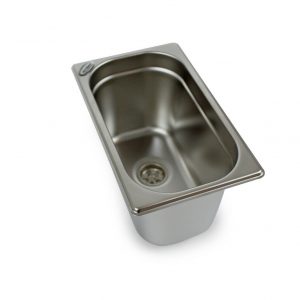 Edelstahl-Waschtisch für mobile Wasserversorgung, ideal für Camping, Bulli- und Transporter-Ausbau. Perfekt für Frisch- und Grauwasseranwendungen, robust und langlebig.