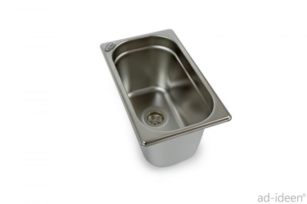 Edelstahl-Waschtisch für mobile Wasserversorgung, ideal für Camping, Bulli- und Transporter-Ausbau. Perfekt für Frisch- und Grauwasseranwendungen, robust und langlebig.