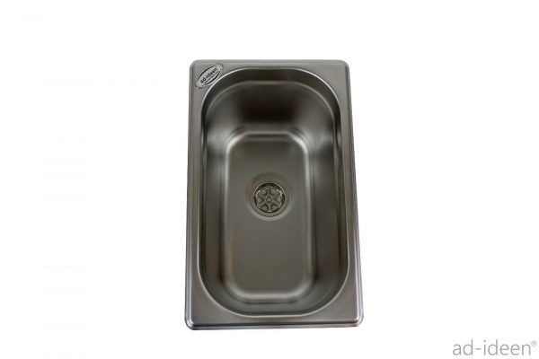 Edelstahl-Waschbecken für mobile Wasserversorgung, ideal für Campingbedarf und Fahrzeugausbau, ausgestattet mit einem praktischen Abfluss. Perfekt für Bullis, Transporter und Marktstände, um fließendes Wasser bereitzustellen.