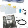 Mobile Wasserversorgung Set mit Edelstahl-Waschbecken, zwei Wasserkanistern, Warmwasserheizer, Pumpe und Zubehör für Camping und Transporter-Ausbau. Ideal für mobile Anwendungen wie Marktstände oder Outdoor-Aktivitäten.