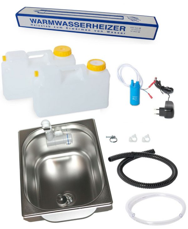 Mobile Wasserversorgung Set mit Edelstahl-Waschbecken, zwei Wasserkanistern, Warmwasserheizer, Pumpe und Zubehör für Camping und Transporter-Ausbau. Ideal für mobile Anwendungen wie Marktstände oder Outdoor-Aktivitäten.