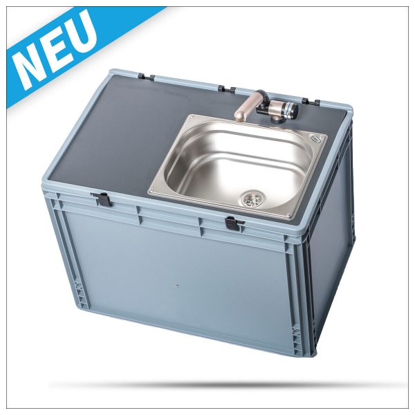 Mobiles Waschbecken für Campingbedarf mit Edelstahlbecken und Armatur, ideal für den Ausbau von Bullis oder Transportern, bietet praktische Lösungen für die mobile Wasserversorgung, auch für Marktstände und andere Anwendungen.