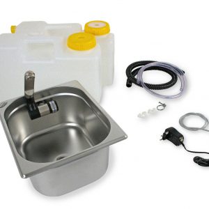 Mobiles Waschbecken-Set mit Frischwasser- und Grauwassertanks, inklusive Pumpe und Zubehör für Camping und mobile Wasserversorgung. Ideal für Bulli- und Transporterausbau sowie Marktstände.