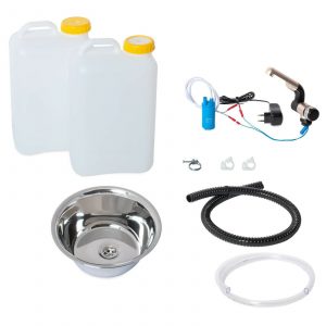 Mobile Wasserversorgung für Camping: Set mit zwei Wasserkanistern, Edelstahlwaschbecken, Pumpe, Schlauch und Zubehör für den einfachen Aufbau in Transportern oder Marktständen. Ideal für frisches und graues Wasser, auch mit Warmwasseroption.