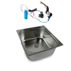 Edelstahl-Waschbecken mit Wasserpumpe und Armatur, ideal für mobile Wasserversorgung im Campingbereich oder beim Umbau von Bullis und Transportern. Perfekt für frisches Wasser und vielseitige Anwendungen, auch für Marktstände geeignet.